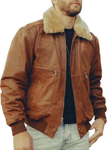 Vista 6 de FLAVOR Chaqueta bomber de cuero real para hombre con cuello de piel extraíble Aviator