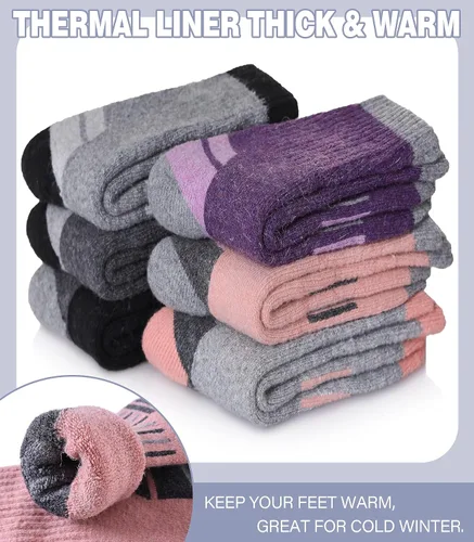Vista 4 de Calcetines de senderismo de lana merino para niños y niñas, para invierno, cálidos, gruesos, térmicos, calcetines de regalo, 6 pares