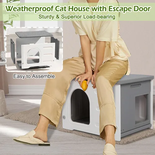 Vista 5 de Casa impermeable para gatos al aire libre, casa de plástico para gatos con puerta de escape y alfombrilla suave, refugio grande para gatos