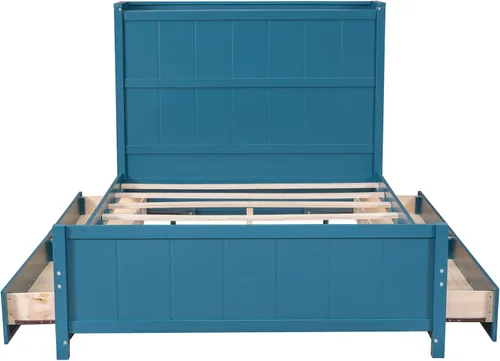Vista 5 de Cama de plataforma de tamaño matrimonial con cajones y estantes de almacenamiento, base de cama de madera maciza, base de colchón con cabecera