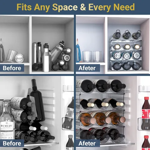 Vista 8 de Organizador de botellas de agua de plástico y soporte de almacenamiento para vino, 4 niveles y 12 contenedores apilables, estante de almacenamiento