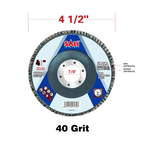 Vista 2 de Sali Paquete de 10 Discos de Láminas de Circonia Grano 40 de 4.5" x 7/8 Pulgadas Disco de Lijado Tipo Bisel #29 Grado Premium e Industrial Rueda