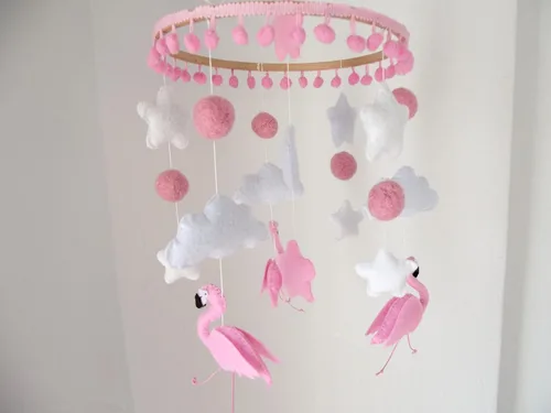 Vista 5 de Móvil de cuna de flamenco para guardería, móvil de flamenco rosa, luna estrellas flamenco, cuna móvil de pájaros tropicales, móvil de dormitorio