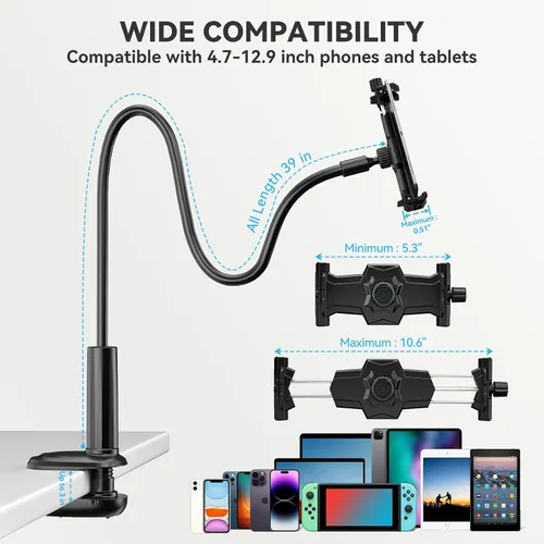 Vista 6 de KDD Soporte de Tableta de Cuello de Cisne, Soporte Ajustable de 360° para Teléfono y iPad para Cama y Escritorio, Abrazadera de Brazo Flexible