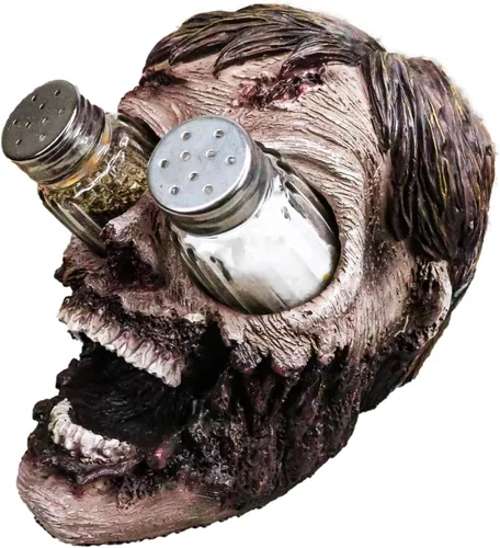 Vista 3 de Ebros Walking Undead Gory - Juego de figuras de cabeza de zombi sin ojos y salero y pimentero con pompones de cristal, estatua decorativa de miedo