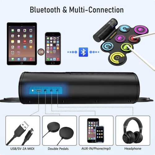 Vista 2 de Juego de batería electrónica de 7 almohadillas (arco iris), kit de batería enrollable con baquetas, batería eléctrica, almohadilla electrónica