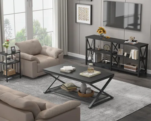 Vista 7 de LVB Mesa de café negra, mesas centrales de 2 niveles de metal y madera con estante de almacenamiento, mesa de té moderna rectangular para el cóctel