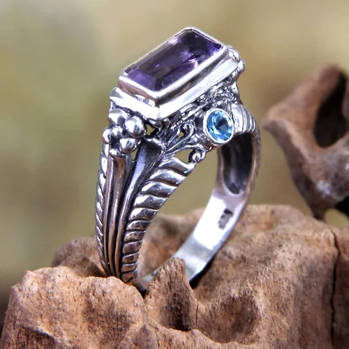Vista 3 de NOVICA Amatista Anillo rectangular de plata de ley 925 con diseño de templo de mar