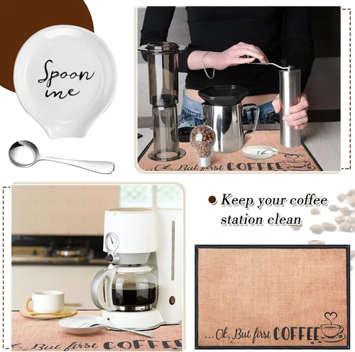 Vista 5 de Skyley Soporte para cucharas de café, juego de 3 piezas, tapete rústico para bar, soporte para cucharas para encimera de cocina, estufa, soporte