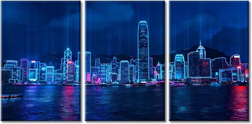 Vista 20 de Cuadros de 3 paneles de Cyberpunk City - Arte de pared de vallas publicitarias de edificios modernos en la capital con obras de arte modernas