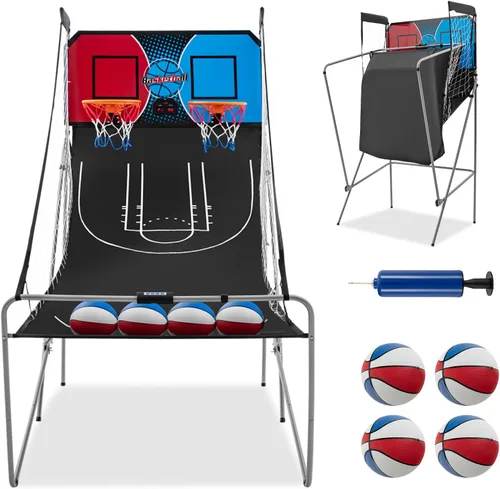 Vista 9 de GYMAX Juego de baloncesto arcade plegable para interiores con 8 modos de juego, sonido de arcade, 4 bolas y bomba de inflado, juegos de baloncesto