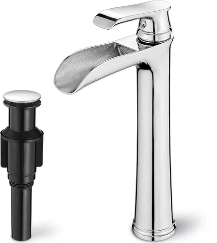 Vista 10 de Grifo para fregadero de recipiente, grifo de baño alto de latón en cascada, 1 manija, grifos dorados para mueble de baño, 1 agujero con drenaje