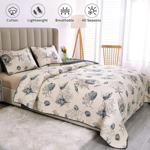 Vista 2 de Comforbed Qucover - Colchas costeras tamaño King, 3 piezas con temática de playa con diseño de estrellas de mar y conchas azules, colchas costeras