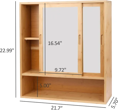 Vista 3 de ZYBT Gabinete de Baño de Bambú, Gabinetes de Medicina con Espejo, Gabinete de Baño Montado en la Pared con Almacenamiento, Gabinetes de Medicina