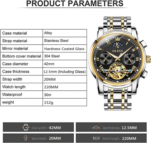 Vista 7 de OLEVS Relojes mecánicos automáticos para hombre, cuerda automática, impermeable, de acero inoxidable, reloj de pulsera de lujo costoso, pulsera