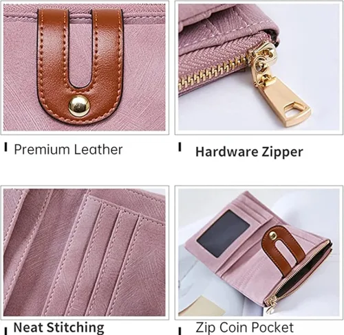Vista 4 de Cartera pequeña de cuero para mujer, con bloqueo RFID, cartera delgada y plegable para mujer