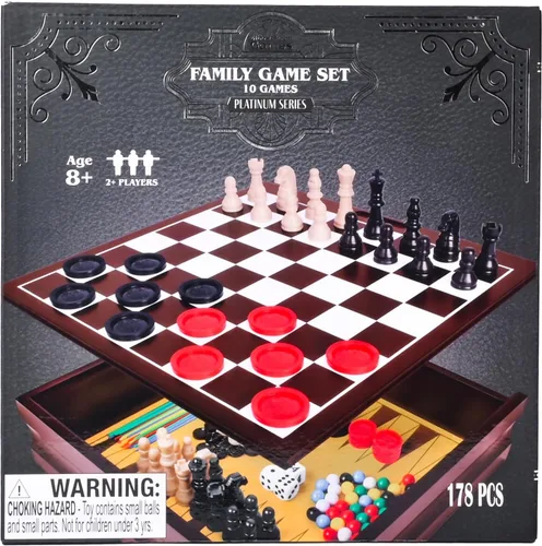 Vista 7 de Elbow Room Games Set de Juegos Familiares, 10 Juegos Clásicos con Caja de Almacenamiento de Madera y Tableros de Juego Integrados, Diversión Sin Fin