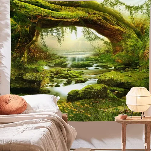 Vista 4 de Llamazing - Tapiz de paisaje forestal para decoración del hogar - Tapiz mágico para sala de estar y dormitorio