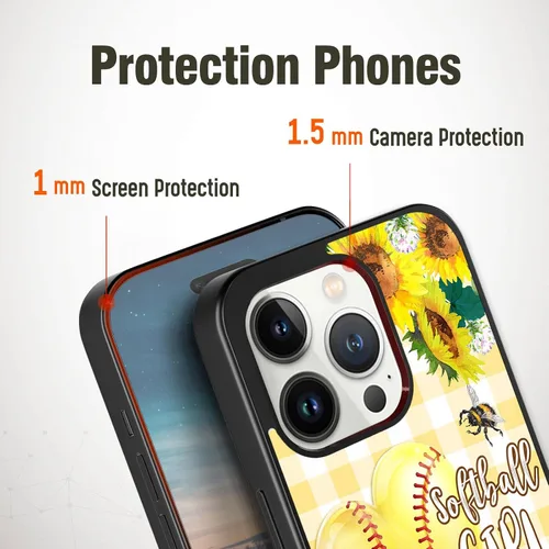 Vista 4 de Funda personalizada para teléfono con texto de Softbol en forma de corazón con girasol para iPhone 17 16 15 14 13 12 11 Pro Max Plus Mini Xs Xr 8