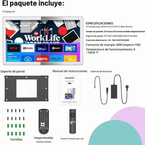 Vista 8 de Haocrown - Espejo de baño inteligente 4K Ultra HD de 32 pulgadas, IP66 impermeable, sistema operativo Android 13, control remoto de voz