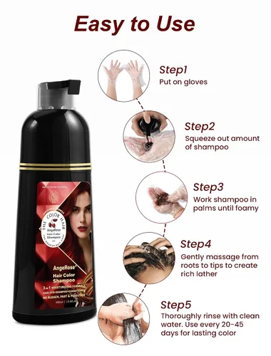 Vista 4 de Champú de Tinte de Cabello Vino Rojo 3 en 1, Tinte Natural para el Cabello para Cubrir el Cabello Gris, 400 ML