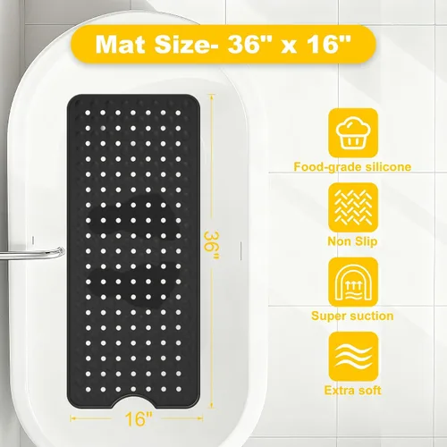 Vista 2 de Tapete de silicona antideslizante para bañera de 36 x 16 pulgadas, con orificios de drenaje y ventosas, tapetes mejorados para bañera y ducha, Negro