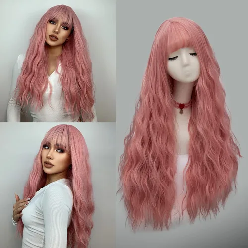 Vista 5 de Netgo - Peluca de fibra resistente al calor para mujer, color morado, larga y ondulada, con fleco, Rosado