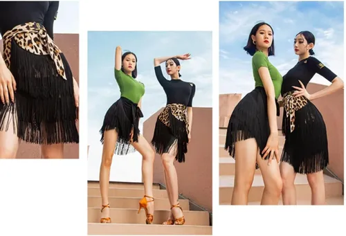 Vista 3 de Faldas de baile para mujer, diseño de baile latino, delantal, tango, borla y bufanda a la cadera Negro leopardo estampado