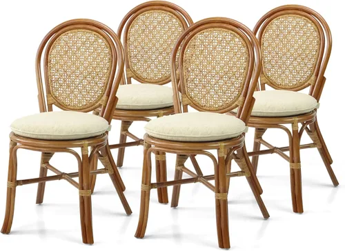 Vista 10 de Denver Dining - Silla auxiliar de mimbre hecha a mano con cojín color crema, ratán natural, colonial
