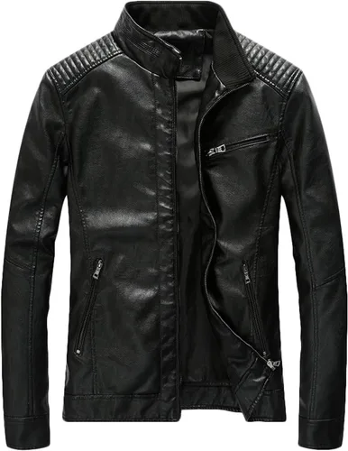 Vista 2 de Youhan Chaqueta bomber de piel sintética con cremallera para hombre, estilo casual y ajustada Verde militar