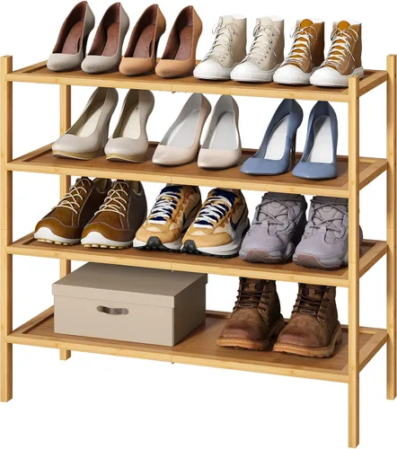 Vista 12 de kiplant Zapatero de bambú negro de 2 niveles, zapatero apilable de madera de bambú para armario, entrada y pasillo