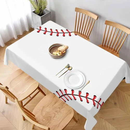 Vista 2 de TKS MITLAN Mantel rectangular de béisbol de 52 x 70 pulgadas, costuras de bola de encaje rojo, diseño artístico, decoración de cocina para el hogar