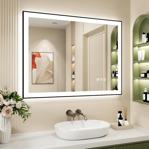 Vista 55 de Espejo de baño LED de 24x28 pulgadas con marco negro, espejos de baño retroiluminados y con luz frontal para pared, antiempañamiento, regulable