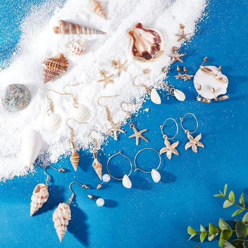 Vista 5 de PH PandaHall 14 pares de aretes de concha de estrella de mar, aretes de aro de conchas marinas, aretes de sirena para disfraz de sirena, aretes