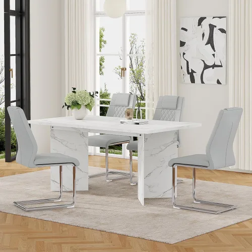 Vista 17 de Juego de mesa de comedor extensible de 63 a 79 pulgadas para 4, juego de mesa de cocina de mármol sintético blanco para 4, juego de mesa de comedor