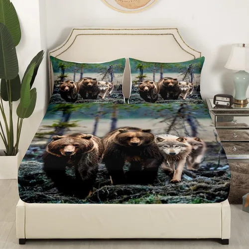 Vista 3 de Erosebridal Juego de sábanas tamaño individual de oso marrón para niños y niñas, juego de sábanas de lobo salvaje safari salvaje, juego de sábanas