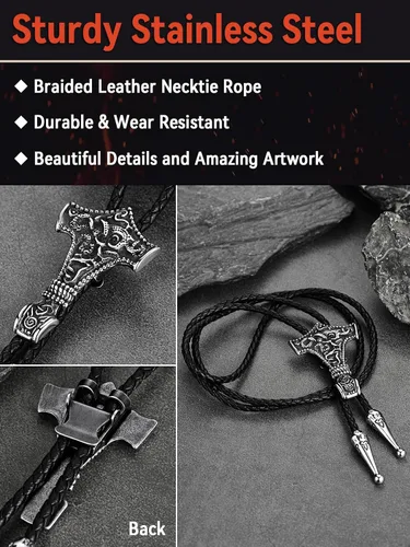 Vista 5 de FaithHeart Corbata de bolo nórdico vikingo para hombre, corbata de cuero negro con colgante de acero inoxidable, corbata de vaquero occidental, caja