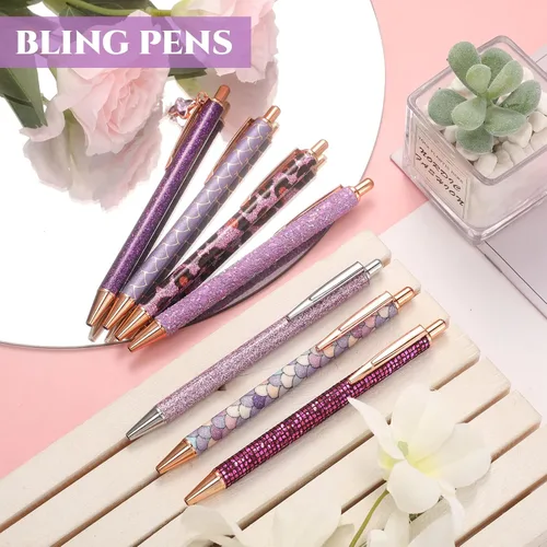 Vista 6 de Sherr 7 bolígrafos elegantes para mujer, lindos bolígrafos de purpurina brillantes con 10 recambios de tinta negra, bonitos regalos para niñas