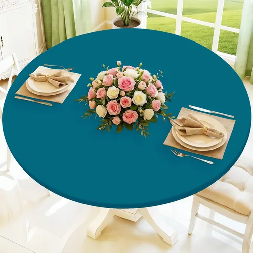 Vista 32 de Moosfor Mantel redondo de elastano, elástico ajustable impermeable para mesas de 18 a 24 pulgadas, mantel de picnic elástico lavable para Azul