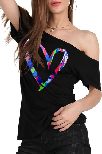 Vista 3 de MAGICMK - Camiseta casual para mujer, con estampado de labios y hombro descubierto, talla extragrande