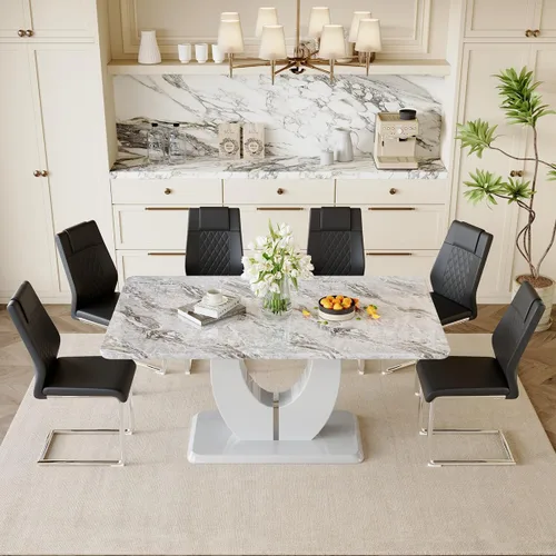 Vista 3 de JUFU Juego de mesa de comedor para 6, 63 pulgadas, juego de mesa de cocina y sillas de mármol sintético gris con 6 sillas de piel sintética, juego