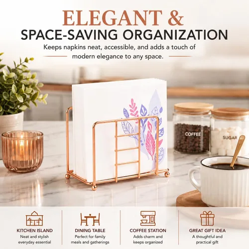 Vista 4 de Creative Home Servilletero de alambre de oro rosa para mesa, organizador de servilletas de metal chapado en cobre para encimera de cocina, mesa