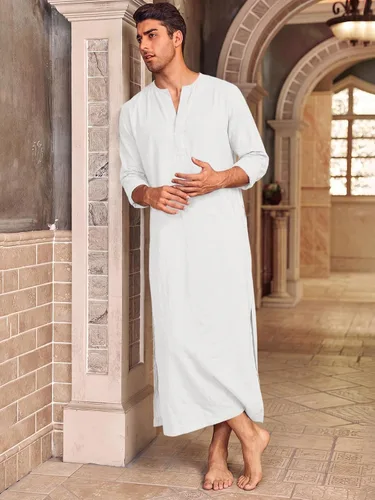 Vista 3 de Runcati Bata de caftán para hombre de manga larga Thobe Kurta Muslim Blanco