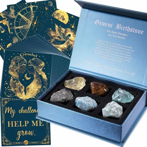 Vista 10 de Faivykyd Regalo de cristales de acuario para mujer, 6 piedras del zodiaco de acuario con 50 tarjetas de afirmación de mantras milagrosos, regalos