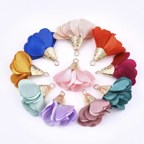 Vista 11 de Cheriswelry Colgantes de flores de tela de tela con pétalos florales con tapa dorada para aretes de bricolaje, llavero, fabricación de joyas