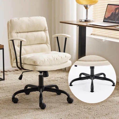 Vista 12 de VINGLI Silla de escritorio acolchada blanca con/sin ruedas, base doble, reposabrazos removibles, silla giratoria ajustable y cómoda para Blanco