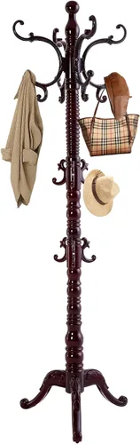 Vista 8 de Perchero de madera independiente, soporte de perchero de madera maciza con 14 ganchos, abrigo de pie vintage resistente, soporte de árbol