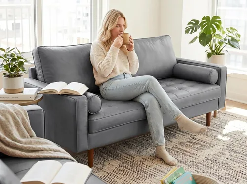 Vista 34 de Container Furniture - Sofá de piel sintética para la sala de estar moderna con cojines extraíbles y patas de madera maciza, sofá estilo lujoso