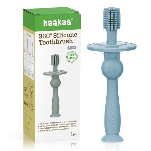 Vista 16 de haakaa Cepillo de dientes para bebé de 360° con base de succión - Limpieza suave para entrenamiento de autocepillado de niños pequeños, silicona