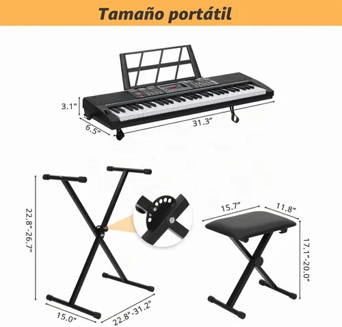 Vista 7 de GLARRY - Juego de teclado eléctrico de 61 teclas de tamaño completo para principiantes, niños, teclado de música portátil con banco de piano